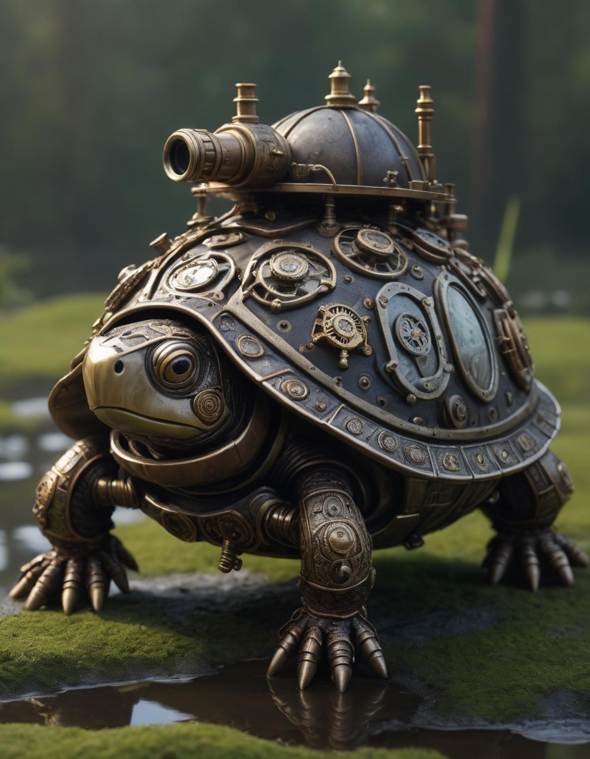 A golden robotic turtle with a unique design.