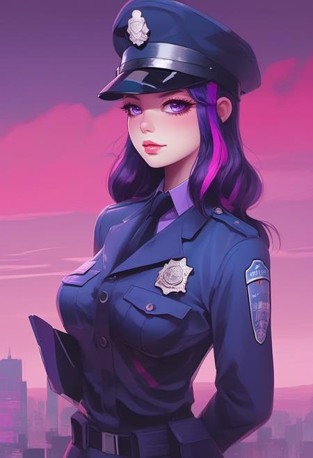 a [cute|stunning] anime [woman|girl] twiggy as traffic police officer, purple eyes, purple hair with a pink stripe, vibrant colors, gorgeous, majestic, (art by Alena Aenami), (art by Beeple), (art by clive barker), professional, intricate detail, countershading, beautiful, Refined, trending on pixiv, keyart, denoise, sharp focus <lora:twiggyxlv3:1> ~*~aesthetic~*~, *~cinematic~*~ (masterpiece, top quality, best quality, official art, beautiful and aesthetic:1.2), (1girl), extremely detailed,(colorful:1.1) highest detailed, 2D, waifu