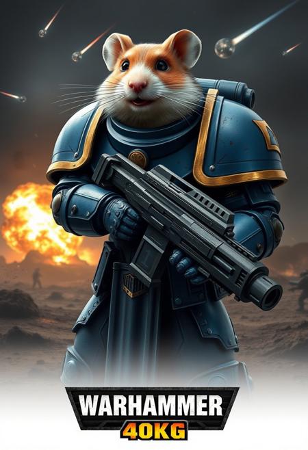 An Ultramarine torso clad in majestic, battle-scarred blue power armor, featuring the iconic gold Aquila and Ultramarines insignia, paired with massive pauldrons and intricate details. His head is that of a photorealistic (hamster:1.1) with detailed fur, whiskers and large beady black eyes. It contrasts absurdly with the seriousness of the armor. In his oversized armored gauntlets, he clutches a massive, futuristic rifle that's comically too serious for his cheerful demeanor.
The background shows a grim dark battelfield with explosion craters on an alien planet and falling meteors.
At the bottom of the image, there is a text that says "WARHAMSTER 40KG" in the usual warhammer 40k logo