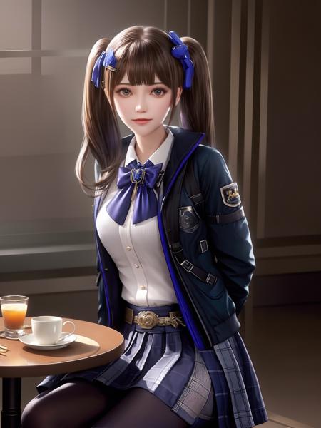 <lora:guanxiaoyu_20230630030052:0.75>,female,pantyhose, arms behind back, cityscape,night,facial mark,sitting,chair,close-up, indoors,table,window,upper body, bowtie, belt, skirt,twintails, hair ornament, jacket,