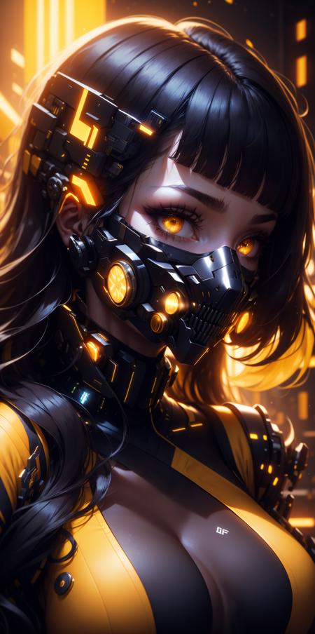 1girl,  solo,  long hair,  looking at viewer,  bangs,  black hair,  hair ornament,  yellow eyes,  upper body,  hairclip,  shiny,  orange eyes,  parted bangs,  eyelashes,  mask,  headgear,  portrait,  science fiction,  yellow theme,  cyberpunk,<lora:EMS-269066-EMS:1.000000>,<lora:EMS-62703-EMS:0.300000>