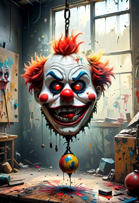 A worn and faded punchbag dangles from a rusty hook in the midst of an artist's cluttered studio. A cartoonish clown mask, its bright red nose now dimmed by a dark bruise, appears to stare out with a hint of mischief. The air is thick with splatters of paint, as if creativity knows no bounds. Sunlight streaming through the grimy window highlights the punchbag's frayed edges and the artist's playful, yet slightly melancholic, masterpiece.
