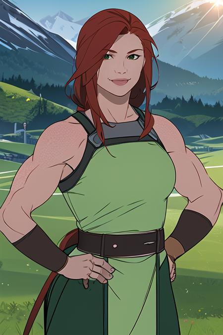 1girl, muscular, armor, red hair, hands on hips, wide smile, looking at viewer, upper body, sunlight, green grass field, mountains, best quality,  <lora:bannersaga:0.9>