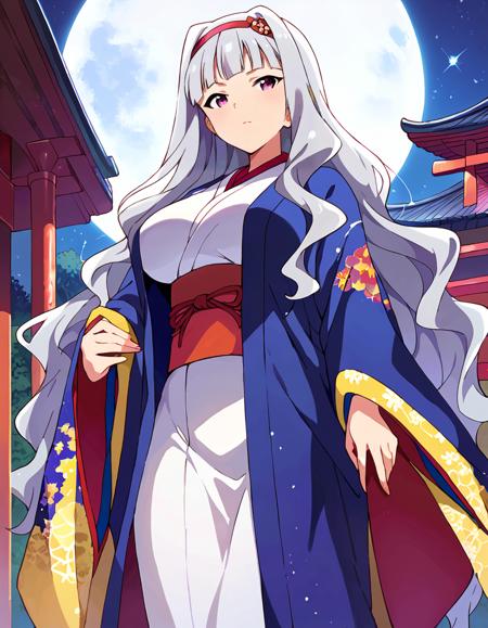 sjutkn, sjutkn, very long hair, grey hair, wavy hair, blunt bangs, hairband, purple eyes, large breasts,  score_9, score_8_up, score_7_up, source_anime,