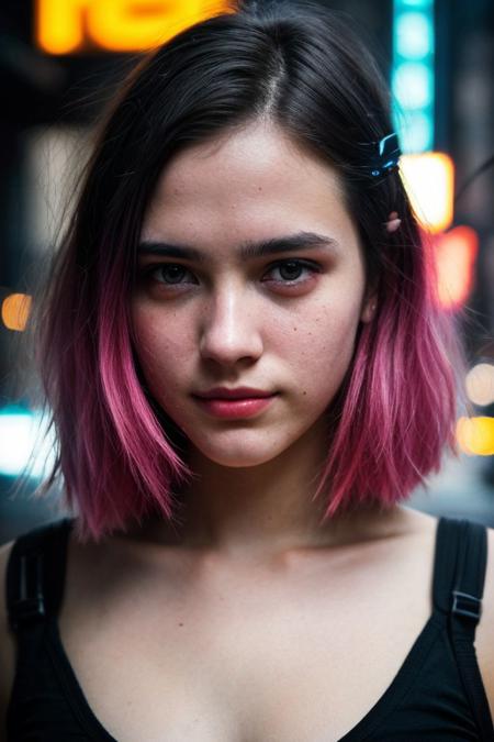 score_9, score_8_up, score_7_up, a beautiful 19 year old girl, short colored hair, (smirk), facial expression, horny, cybernetics, (neon glow, cyberpunk:1.2), (masterpiece, best quality, highres:1.2), (photorealistic:1.2), 16mm, color graded portra 400 film, remarkable color, ultra realistic, textured skin, remarkable detailed pupils, realistic dull skin noise, visible skin detail, skin fuzz, dry skin, shot with cinematic camera