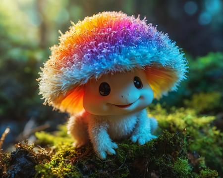 A photo of a rainbow colored smiling fluffy cute mushroom-boy on a moss covered branch, backlit, translucent, glow hyper realistic, natural soft rim light, cinematic lighting, concept art by arti stincent<lora:add-detail-xl:1> <lora:MJ52:0.5>