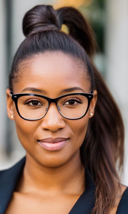 close up portrait of british woman, wearing glasses with a ponytail, (high detailed skin:1.2), film grain, Fujifilm XT3, (high detailed face:1.3)