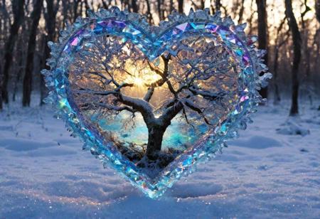 snow covered oak tree stands in the middle of the forest, 
there is a hole in the trunk of the tree with a iridescence Swarovski heart inside, 
colored light shines through the heart, 
show the icy branches hanging down, 
winter background, 
in style of Josephine Wall., 
Broken Glass effect, 
no background, 
stunning, 
something that even doesn't exist, 
mythical being, 
energy, 
molecular, 
textures, 
iridescent and luminescent scales, 
breathtaking beauty, 
pure perfection, 
divine presence, 
unforgettable, 
impressive, 
breathtaking beauty, 
Volumetric light, 
auras, 
rays, 
vivid colors reflects