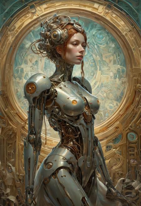 Cyborg android, fantasy, pre-raphaelite style, sinozick, Alphonse Mucha, Agostino Arrivabene, Peter Mohrbacher