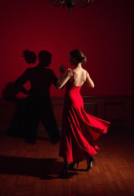 Art photography contest grand winner, an artistic photograph of a woman dancing tango with a shadow.
The woman wears a red tango dress, dancing gracefully with the shadow of a man cast onto the wall. The photographic perspective leading the viewer to believe that the woman and the shadow are dancing together.
The room is a rich ballroom, with hardwood floor and paneled walls.
The lighting is moody and professional with a red tint, the atmosphere is heavy and a little smoky.