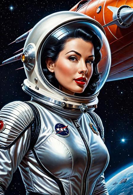 A realistic oil portrait of pinup woman wearing a retro-scifi spacesuit, background of a retro-scifi rocketship spaceship, space scene