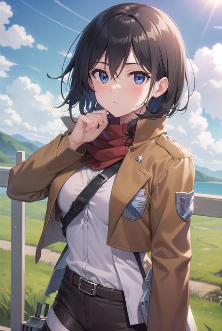 mikasaackerman, <lora:mikasa ackerman-lora-nochekaiser:1>, 
mikasa ackerman, black hair, (black eyes:1.5), hair between eyes, short hair,
BREAK belt, brown jacket, dress shirt, jacket, open clothes, open jacket, pants, paradis military uniform, red scarf, scarf, shirt, strap gap, thigh strap, three-dimensional maneuver gear, white pants, white shirt,
BREAK outdoors, village, nature, forest, grass, sun, sky, trees, clouds,
BREAK looking at viewer, (cowboy shot:1.5),
BREAK <lyco:GoodHands-beta2:1>, (masterpiece:1.2), best quality, high resolution, unity 8k wallpaper, (illustration:0.8), (beautiful detailed eyes:1.6), extremely detailed face, perfect lighting, extremely detailed CG, (perfect hands, perfect anatomy),