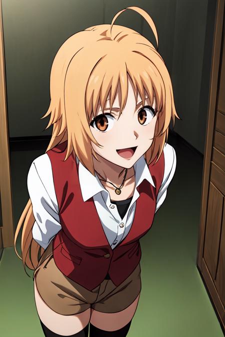 (masterpiece, best quality:1.2), highres, anime screencap, anime coloring, 1girl, solo, light smile, head tilt, open mouth,
Maria_Osawa_V1, blonde hair, very long hair, long hair, ahoge, bangs, brown eyes, necklace, aged up,
BREAK white shirt, collared shirt, long sleeves, red vest, collarbone, brown shorts, plaid, short shorts, brown thighhighs, zettai ryouiki,
standing, arms behind back, leaning forward,
indoors, looking at viewer, from above,
<lora:add_detail_CyberAlchemist:0.4>, <lora:GoodHands-beta2:0.8>, <lora:MariaOsawaV1-000008:0.9>