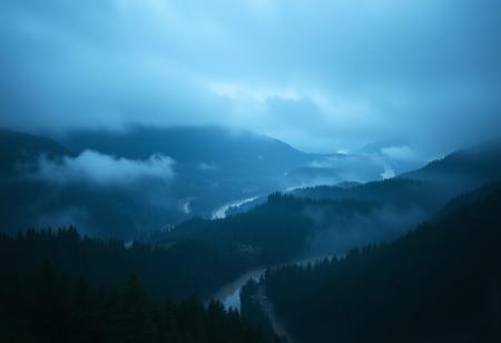 midnight, mist, mountains, rivers and forests, a wide vista, medieval, D&D, real photo, 4k, high contrast, vibrant colours, movie still