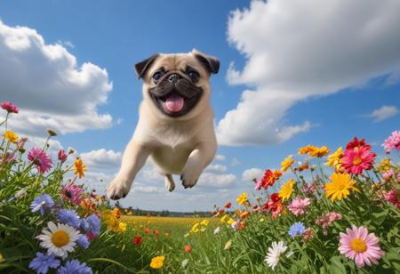 Highly detailed photograph of a pug puppy leaping through the air above a field of colorful flowers. Floppy ears, big eyes, very cute, very happy, joyful. Blue sky with fluffy clouds. Bright sun, god rays.
