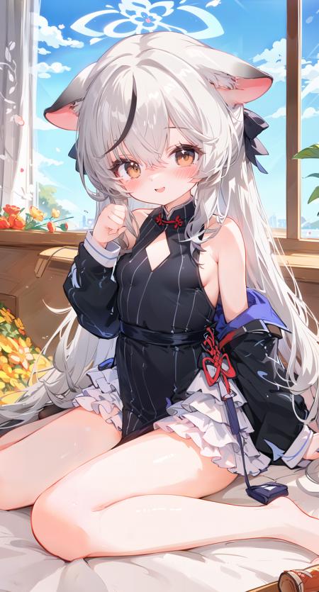 masterpiece, best quality,
1girl, animal ears, solo, streaked hair, long hair, halo, multicolored hair, looking at viewer, sitting, flower, black hair, window, dress, blush, grey hair, striped, long sleeves, striped dress, wariza, vertical stripes, bangs, jacket, vertical-striped dress, brown eyes, hair between eyes, very long hair, indoors,smile, no shoes,barefoot,off shoulder,
<lora:sunoharaKokona:1:lbw=CHARA>