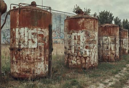 Rusty abandoned chemical tanks, large stenciled numbers on tanks, tanks are painted a faded red color with a white stripe, outdoors, abandoned Soviet chemical facility, plumbing, pipes, Stunning background,
many details, extreme detailed, full of details,
Wide range of colors., Dramatic,Dynamic,Cinematic,Sharp details
Insane quality. Insane resolution. Insane details. Masterpiece. 32k resolution.