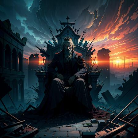 photorealistic, (hyperrealistic:1.2), beautiful, masterpiece, best quality, extremely detailed face, perfect lighting, (throne:1.2), (adult  male:1.2), beard, (crown:1.2), (ruins:1.4), broken castle, dilapidated throne,tattered crown, desolate and empty landscape in the background, forlorn expression, (dark:1.1), (gothic:1.1), dejected posture, (war torn landscape:1.1), broken throne, crumbling throne, cracks, stone cracks,   DarkFantasy, dark clouds, cloudy sky, sunset,