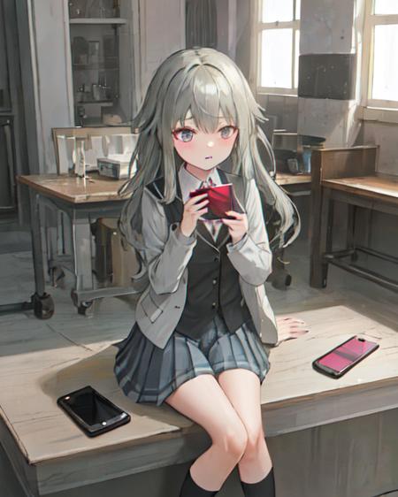 masterpiece, best quality, 1girl, prsknene, project sekai, neneschooluniform, smartphone, iphone, sunbeam, bloom <lora:nene4-000004:0.6>