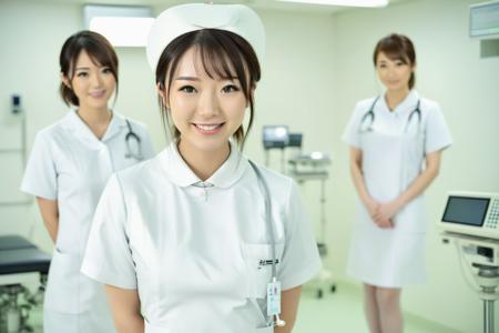 Inside a modern operating room, a young Japanese nurse wears white nurse uniform with nurse cap, with a gentle smile on the face. Full body. DSLR, focused, blurred background,
 <lora:nurse_uniform_xl_v1-000003:1>