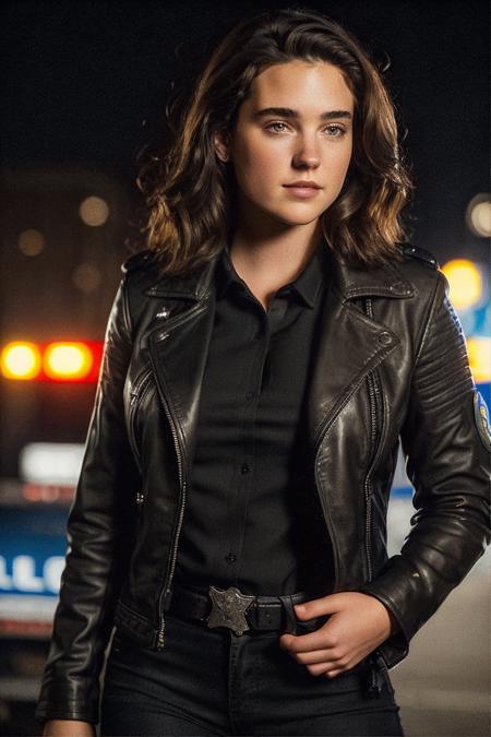 a professional closeup shot of jncnl,  as a beautiful female model, georgia fowler, beautiful face, with short dark brown hair, in cyberpunk city at night. She is wearing a leather jacket, black jeans, dramatic lighting, (police badge:1.2)