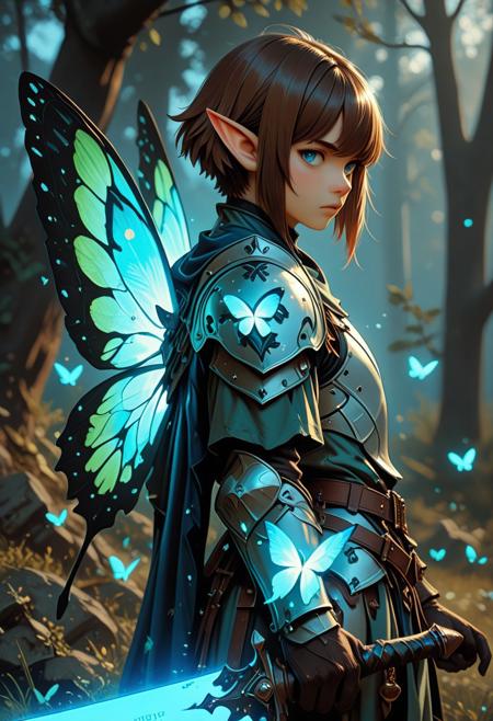 score_9_up, score_8_up, score_7_up, score_6_up. masterpiece, best quality, good quality, very aesthetic, absurdres, semirealism, fantasy, 8K, depth of field, focused subject, cowboy shot, Elf knight, 19yo, androgynous, pointed ears, short brown hair, male haircut, blue eyes, wearing detailed armor, wielding blue glowing sword, he is standing, sword resting against the ground, large white glowing butterfly wings on the knight's back, trees in background, hkvaloria