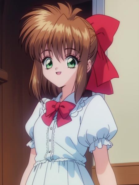 CoolDevices2imout, 　brown hair, long hair, red bow,  green eyes, CoolDevices2imout, brown hair, green eyes, hair bow, bow, puffy sleeves, short hair, short sleeves, ponytail, red bow, hair ribbon, child, teenager,