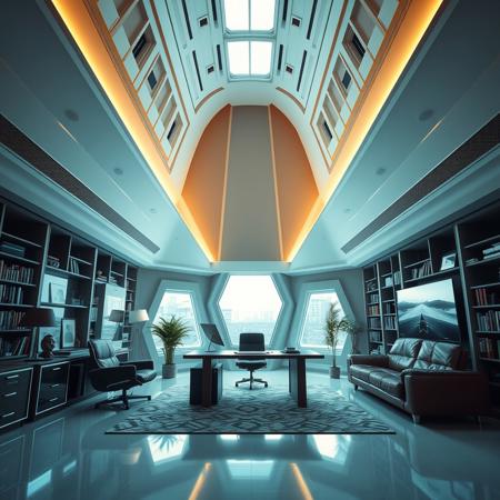 A spacious tall ceiling home office room in the star trek futuristic style, with desk and leather sofa, loft, library modern art,minimalist,  high detailed, 4k, masterpiece