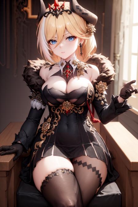 masterpiece, best quality, highres, 1girl blue eyes hair flower horns earrings braided ponytail tiara, black dress bare shoulders breasts cleavage black gloves long sleeves single thighhigh fur trim detached collar <lora:durandal_nibelungen_traumlied:1> sitting on chair