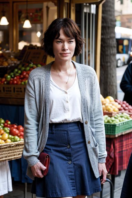 lenaheadey,a woman, wearing cardigan and A-line skirt,( street market:0.7), (god rays:0.3) <lora:lenaheadey-000006:0.9>