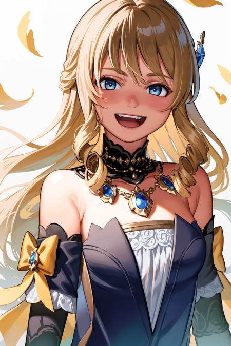 masterpiece, best quality, <lora:navia:1>, <lora:comiclo:1>,
1girl, long hair, blue eyes, solo, blonde hair, smile, hair ornament, hair flower, flower, looking at viewer, dress, petals, bangs, upper body, white background, black dress, open mouth, bare shoulders