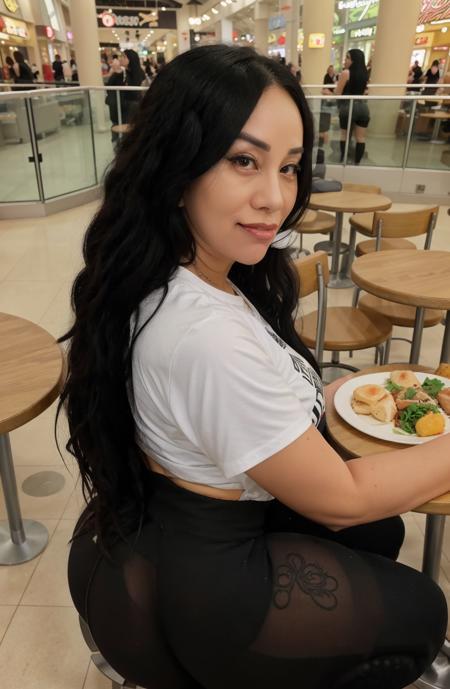 8K, HDR, Queen Rogue, masterpiece, best quality, 1girl, smile, black eyes, looking at viewer, black hair, closed mouth,  long  hair, background: mall interior with crowded food court ,solo, upper body, wearing an anime tshirt and leggings,  <lora:Queen Rogue-000006:1>