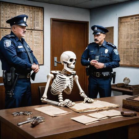 A police station, interrogation, healthy skeleton wearing handcuffs, , cops looking at him, old furniture, name boards, weapons, staff