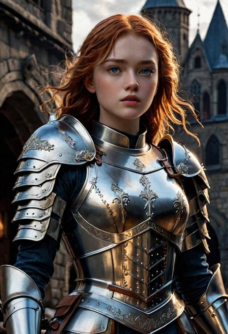 High resolution ultra-realistic of Beautiful Warrior Sadie Sink as Joan of Arc, 8k, capturing the intensity of the moment, cinematic lighting, standing on a bloody and stormy battlefield in bloody battle, wavy red hair, realistic dirty pale face, realistic blue eyes,  beautiful hourglass figure, burning in a medieval Town, intricately designed iron and silver armor, Dark Ages Aesthetic, perfect athletic figure, beautiful Warrior Joan of Arc, fire, ultra realistic, cinematic style, vigorous and seductive, athletic figure, dark fantasy, dramatic lighting, wet and sweaty skin, dirty skin, athletic figure, dark fantasy, dramatic lighting, Greg Rutkowski style,, Warrior Joan of Arc on in iron armor, hyper-detailed, hyper-realistic, bright colours, Attractive 21 old years girl, Attractive, beautiful firm Breasts, sharp focus, digital painting, Photograph Taken on Nikon D750, Alphonse Mucha, 8K, athletic figure, Hyperdetailed, hyperrealism, Attractive, Attractive bust girl, asymmetric balance