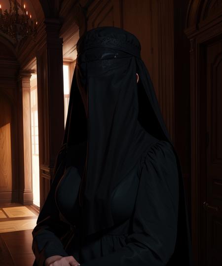 donna,black veil,head covered,faceless female,  shaded face, 
black dress,
standing,upper body,
mansion,dim lighting,
(insanely detailed, masterpiece, best quality),solo,<lora:donnabeneviento:0.8>,