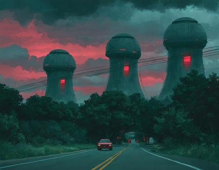 <lora:ssta:0.6>ssta, road, cars, trees, plants, large structures, glowing red lights, clouds