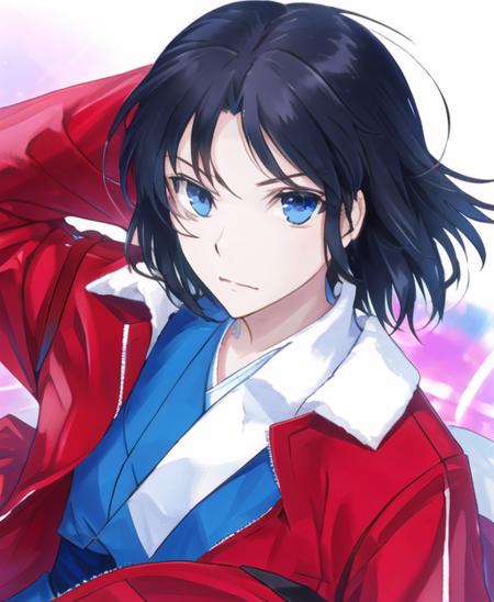 <lora:shiki-v1-000007:0.7>, portrait, beautiful, masterpiece, red jacket, blue yukata