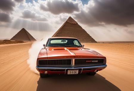 cinematic photo of dodge Charger 1968, magnificent three pyramids of Giza appear clearly, charm, highly detailed car, Professional lighting, full of life, Lively and energetic, 8K, rays of sun flow beyond heavy clouds, HDR, Fast & Furious movie, motion blur, moving tires, Cinematic Shot, Cinematic Lighting, amazing world, pure perfection, Need For Speed, wide angle exterior background, drifting, nebula horizon.