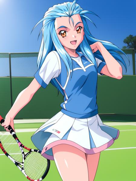 <lora:Minazuki_Kotoko:1>MinazukiKotoko, 1girl. soro, blue_hair, long_hair,  orange_eyes, 
plays tennis,laugh,thighs,
masterpiece, high quality, very_high_resolution, large_filesize, full color,