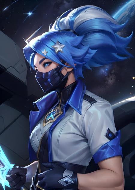 Akali drx, 1girl, solo, long hair, blue eyes, hair ornament, blue hair, jacket, upper body, ponytail, shiny hair, star hair ornament, space, cowboy shot, looking at viewer, (masterpiece:1.2, best quality), <lora:Akali_DRX_1:0.8>, short sleeves, black gloves, holding weapon, from side, (mouth mask:1.2)