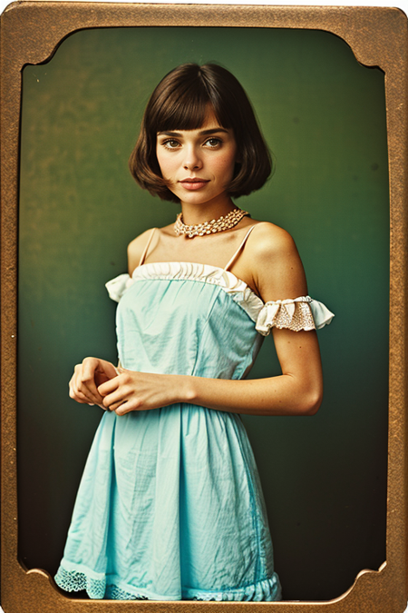 MarieGrippon, ((1900s photograph, Gibson tuck, soft blush wearing cotton chemise with square neckline, ruffled cuffs, and delicate lace trim, antique setting)), Century Camera Co. Studio, 160mm f/8, 1/10s, ISO 25, ((tintype))