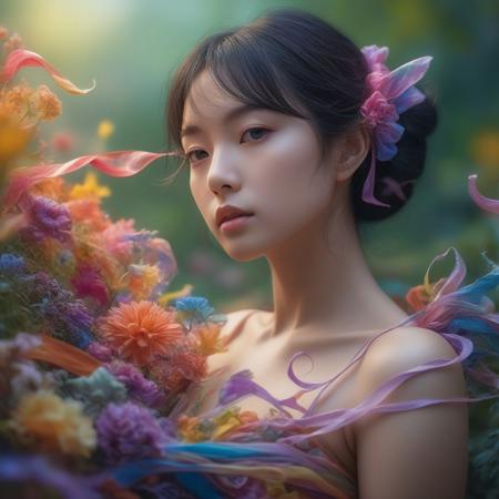 Macro photography featuring a human figure immersed in a serene garden, bursting with colors akin to an enchanted landscape, intricately detailed with a ribbon swirling to the periphery, captured by the skilled lens of Miki Asai in a Razumov style portrait, trending in the artistic community on Artstation, presenting impeccable sharpness on focus, giving life to trivial elements, all masterfully shot in a studio setting, secret g