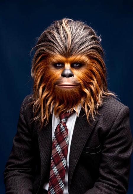 ​A studio shot hyper-realistic portrait of chewbacca. He is sat in a dark tweed country jacket, white shirt and tartan tie against a dark blue backdrop. He looks directly toward the camera. Professional studio portrait photography with classic portrait lighting and shallow depth of field against a seamless backdrop.