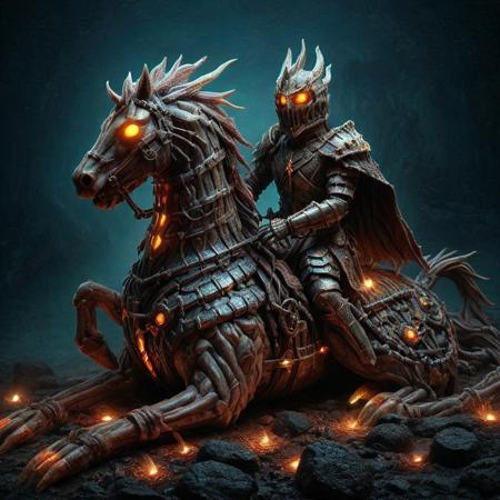 candy, armored knight made of candy riding a mechanical horse, glowing eyes, candy armor, dark background, eerie atmosphere, gothic, grimdark, fantasy art, medieval, detailed armor, eerie glow, full armor, helmet with glowing eyes, cape, rocky ground, fantasy creature, horror theme, fantasy setting, high contrast, detailed textures, ominous, colored tones, realistic lighting, haunting, eerie glow, medieval fantasy, gothic style, detailed rendering, fantasy character, dark ambiance, eerie environment, fantasy creature, armored knight, glowing eyes, riding horse, knight over horse