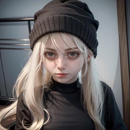 <lora:marymorgan_v4:1>,1girl, solo, brown eyes, platinum blonde hair, beanie,  black shirt, long hair, realistic,