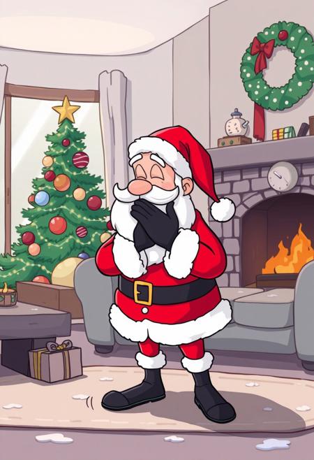CARTOON STYLE, LIVING ROOM, CHRISTMAS TIME, SANTA CLAUS COVERING HIS NOSE BECAUSE HE SMELLED SOMETHING NASTY