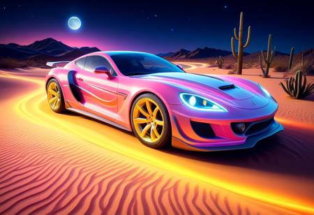vibrant colors, shiny_skin, prefect lighting, detailed image, snoozing, masterpiece, best quality, highly detailed, ultra quality, 3DMM, 
((sandswirl, swirling sand), 
(Sports car), 
On the road, outdoors, neon lights, glowing, desert, cactus, night, moon, moonlight,