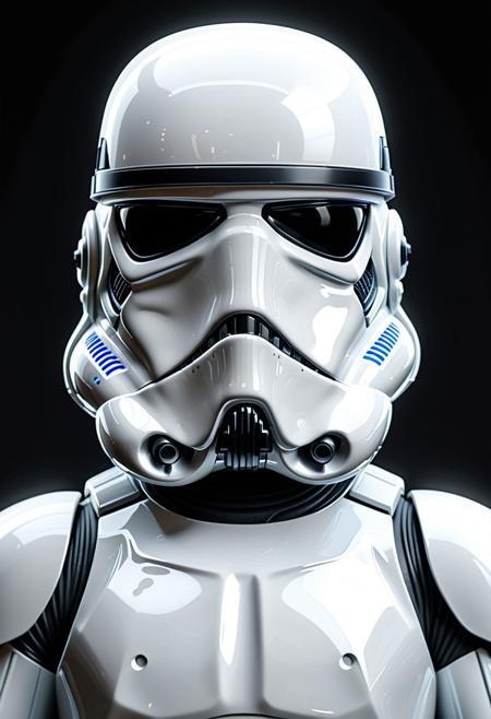 ((shnywrld)) stormtrooper portrait+ style, symmetrical face front view, hyperrealistic render metal details, beautiful glowing portrait of storm trooper with bio-mechanic suit, high contrast, 8k photographic style, matte painting