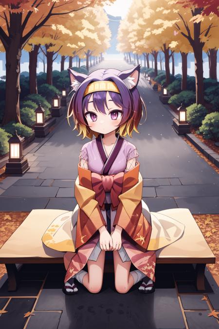 <lora:izuna v2:1> hatsuse izuna, short hair, wide sleeves, sarashi, yellow hairband, tabi, short kimono, gradient hair, 1girl on one knee,w arms, serene autumn garden, rich colors of fall, cushy blankets on benches, crunchy leaves underfoot, twinkling lights in the trees