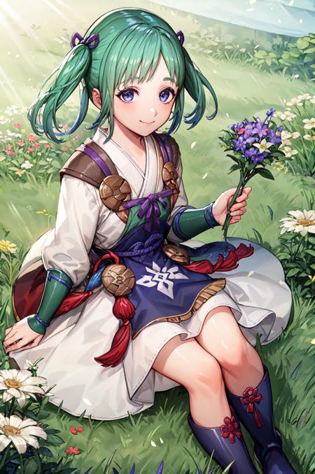 from above,holding flower,<lora:midoriV1:1>,smile,closed mouth,midori, boots, japanese clothes,  looking at viewer, bridal gauntlets,black footwear, white skirt, long sleeves, purple ribbon, white kimono,blue footwear, hair ornament, hair ribbon, knee boots, gloves,grass_field,blue sk,sunlight,(masterpiece, best quality, ultra-detailed, best shadow)